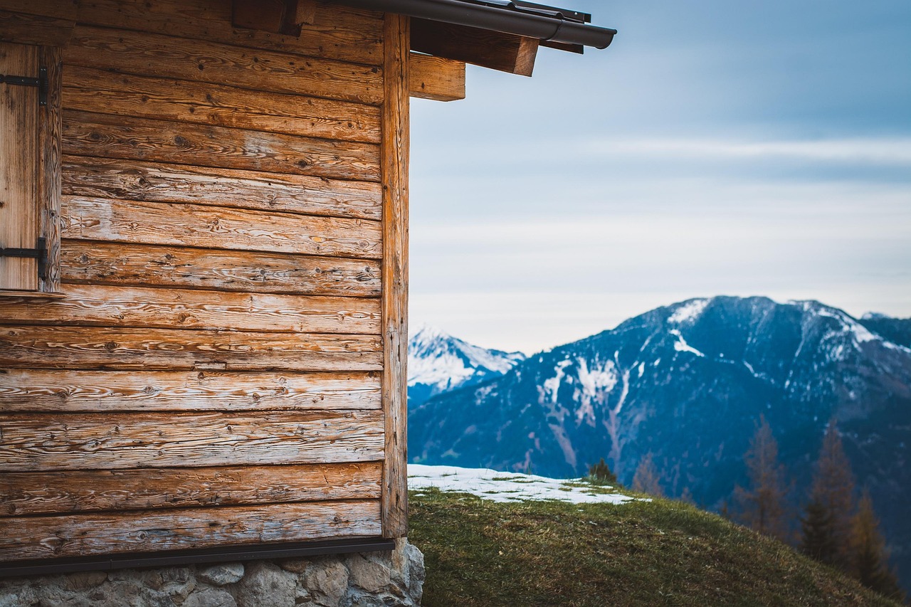 Interno accogliente di una casa vacanze in montagna con camino acceso e vista sulle montagne.